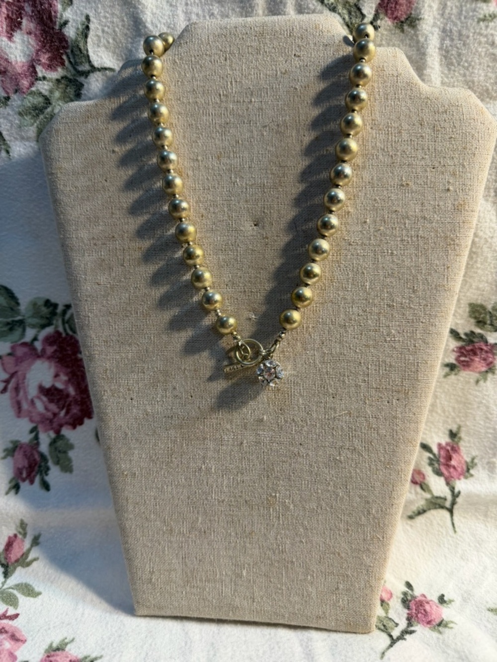 Gold Beaded Necklace with Sparkling Clear Pendant